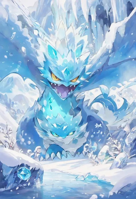 (Masterpiece, exquisite detail)Snowy cliffs in background, abstract art style, focus monster glaring at screen with yellow eyes, ice/poison type, oozing venom, legendary pokèmon