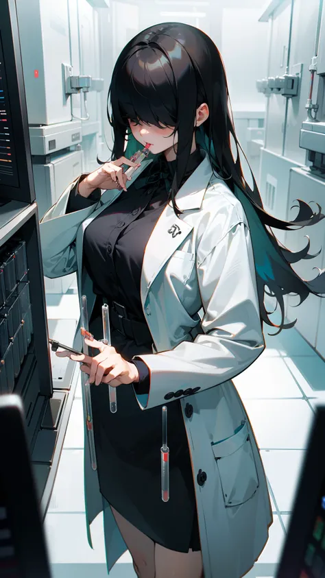 1girl ,20s,scientist outfit, white coat,medium tits,black hair,long hair,hair over eyes,((standing in a laboratory,computer scre...