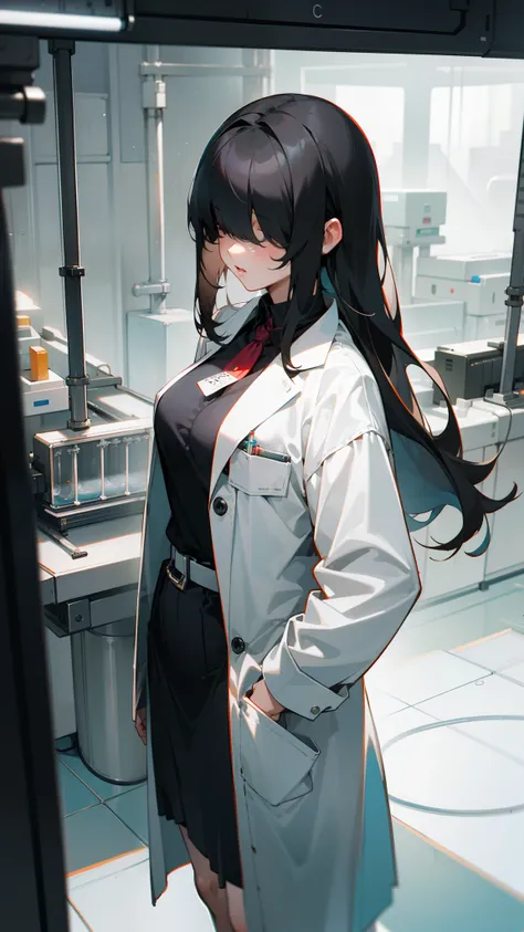 1girl ,20s,scientist outfit, white coat,medium tits,black hair,long hair,hair over eyes,((standing in a laboratory,computer scre...