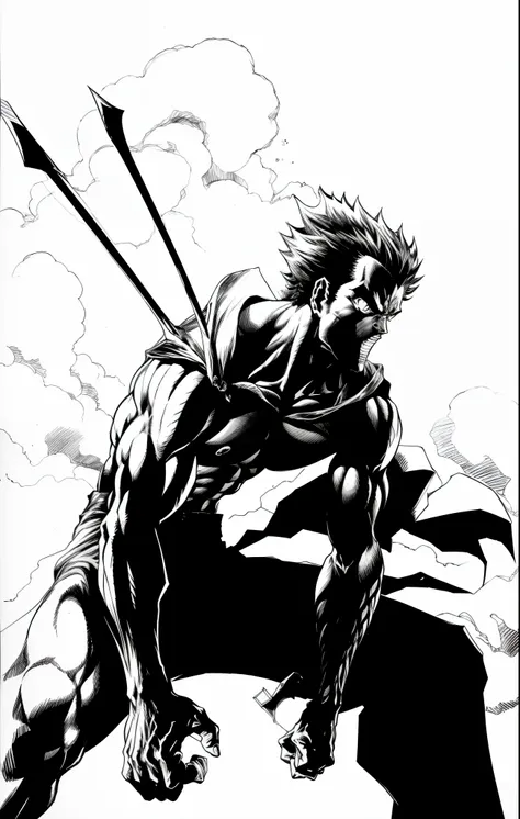 A drawing of a man with a bow and arrow in his hand, inspirado em Mike Deodato, striking manga artstyle, kentaro miura manga art style, Mike Deodato Jr, manga style of kentaro miura, ink manga drawing, kentaro miura manga style, afro samurai manga style, I...