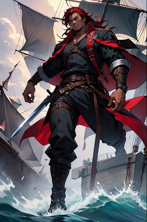 (best quality,highres),anime style,dark red hair,dark outfit,dark skin,wearing a sword on the waist,on a pirate ship in the middle of the open sea,many heavy clothes,scars all over the body