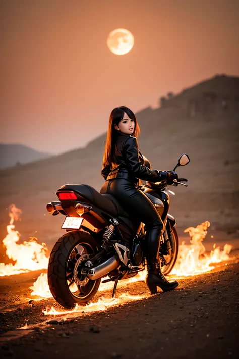 1girl, long curly black hair, brown eyes, wearing black leather jacket, black leather long pants, black boots, city, riding motorcycle, high res, ultrasharp, 8K, masterpiece, looking at viewer, full body photo, magnificent scene, epic scenes, fire, battlef...