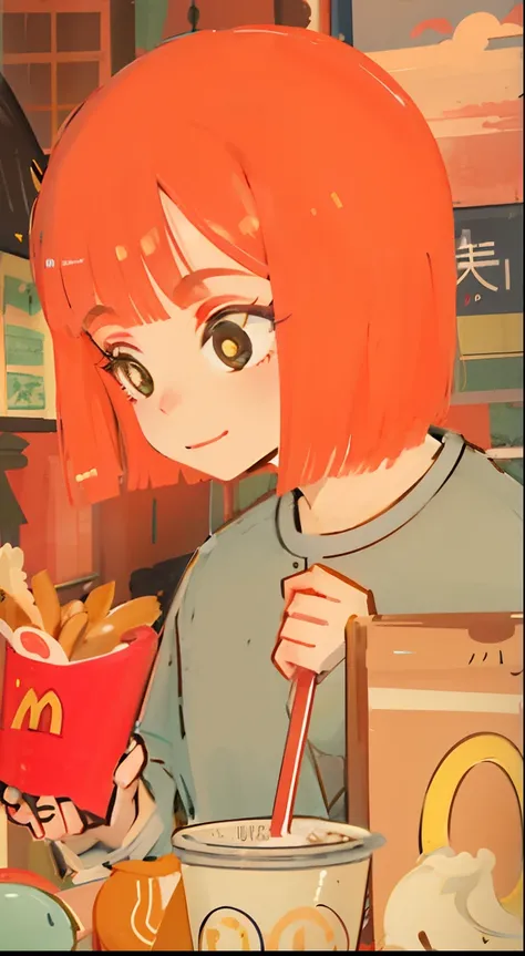 chica anime con el pelo rojo sosteniendo una taza de papas fritas y una bebida de macdonals, chica sentada sobre un banco en el parque, Chica Lofi, Comida anime, Alabanza Artstyle, El Corte Hime, Lofi Sensation, Una imagen de anime retro, lofi girl aesthet...