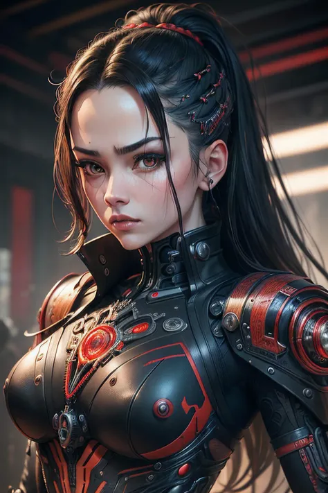 a close up symmetrical portrait of a cyberpunk gangster, biomechanical, mshn robot, splashes of black red, hyper realistic, intricate design, (insanely detailed:1.4), (extremely fine details:1.35), Extremely sharp lines, steel, cinematic lighting, Photorea...