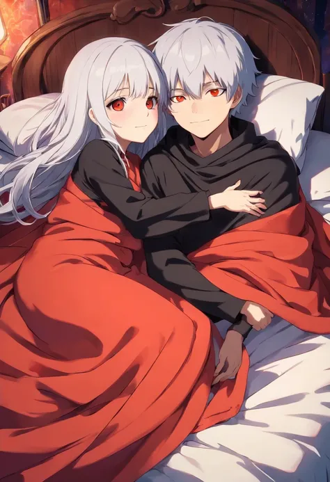 Kaneki ken, cabelos brancos, olhos vermelhos, deitado na cama, Hugging a girl in big black babelos, de olhos vermelhos, are covered by a blanket.