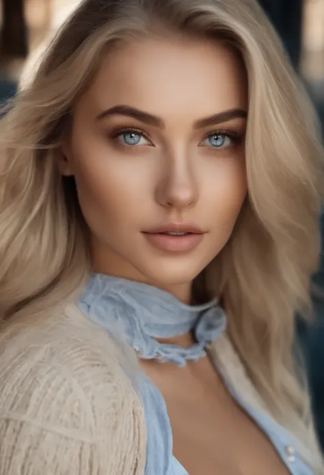 Arafed Full Woman, Sexy Girl with Blue Eyes, , Ultra Realistic, Meticulously Detailed, Portrait of Sophie Mudd, Blonde Hair, Selfie of a Young Woman, Violet Myers, No Makeup, Natural Makeup, Looking Directly at the Camera, face artgram, subtle make-up, Imp...