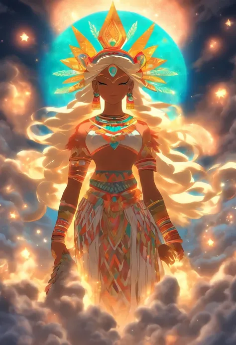 (((MAMA QUILLA))) best quality, ultra-high resolution, 4K detailed CG, masterpiece, Moon Goddess, intense lunar light, Andes, Peruvian clothing, Inca mythology, turkey, aesthetics, ((Inca God) ), Beautiful image, centered on the screen