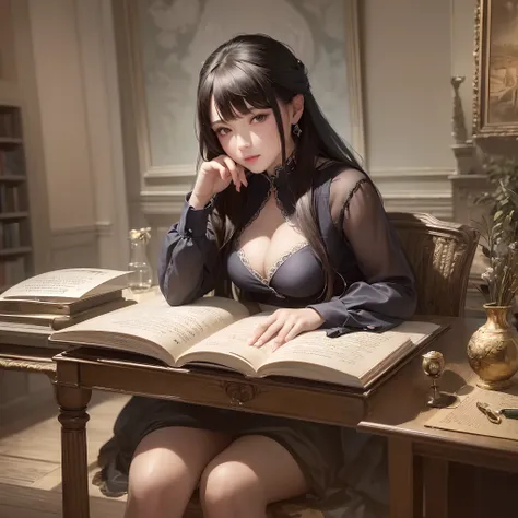 ((Finest quality)),(超A high resolution),(ultra-detailliert),(Meticulous portrayal),((best pictures)),(Finest works of art),Ultra-Precision Art,The art of astounding depiction,Fantasyart:1.5, (One Female Secretary:1.5),robe:1.5, desk,parchment,Stacked scrol...