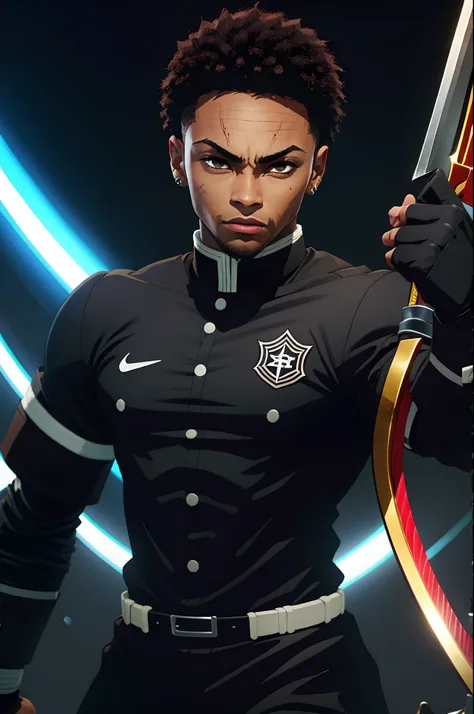 black young man, negro, neymar hairstyle, uniforme demon slayer, sword, lindo, strong, stylish pose