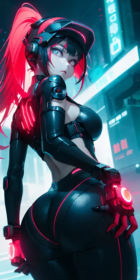 top-quality))、((​masterpiece)、cyberpunked、Big buttocks、Electronic visor attached to 12-year-old girls face with emphasis on buttocks、Cyberpunk Fashion、Sexy Posing、(Wearing red body spats on the lower body、Breasts enlarged、Neon lights in dark city at night、...