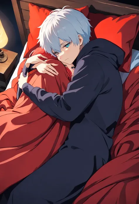 Kaneki ken, cabelos brancos, olhos vermelhos, deitado na cama, Hugging a girl in big black babelos, de olhos vermelhos, are covered by a blanket.