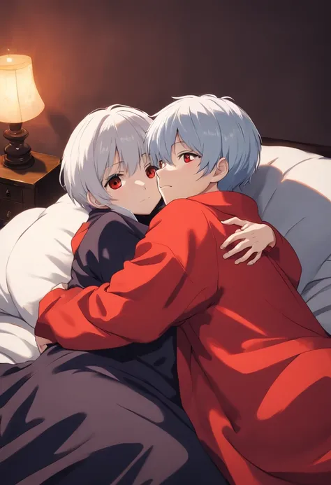 Kaneki ken, cabelos brancos, olhos vermelhos, deitado na cama, Hugging a girl in big black babelos, de olhos vermelhos, are covered by a blanket.