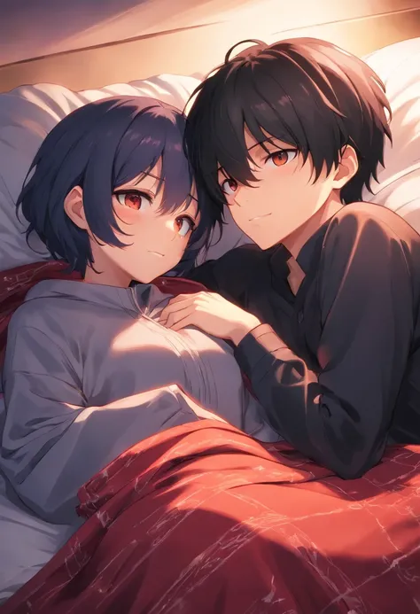 Kaneki ken, cabelos brancos, olhos vermelhos, deitado na cama, Hugged to a girl in black and big babelos, de olhos vermelhos, are covered by a blanket.