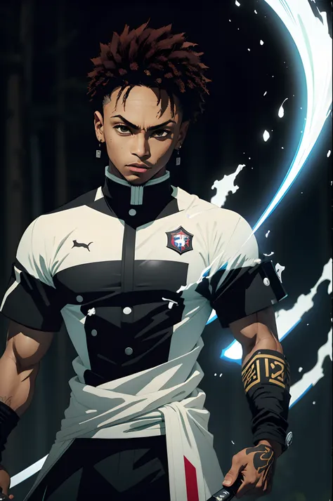 black young man, negro, neymar hairstyle, uniforme demon slayer, sword, lindo, strong, stylish pose, lindo