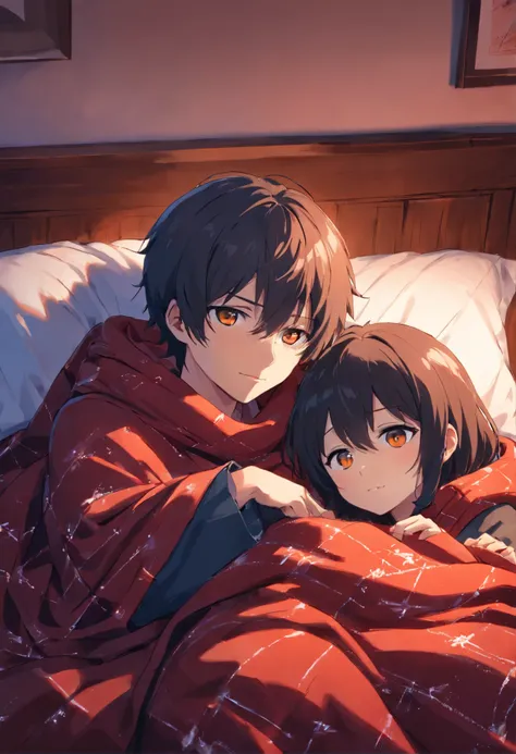 Kaneki ken, cabelos brancos, olhos vermelhos, deitado na cama, Hugging a girl in long black babelos, de olhos vermelhos, are covered by a blanket.