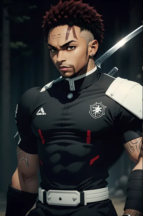 black young man, negro, neymar hairstyle, uniforme demon slayer, sword, lindo, strong, stylish pose, lindo