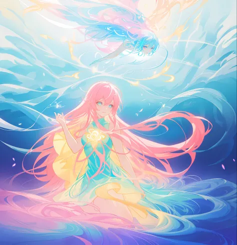 beautiful anime girl in colorful liquid dress, vibrant pastel colors, (colorful), magical lights, long flowing colorful hair, sparkling lines of light, inspired by Glen Keane, inspired by Lois van Baarle, disney art style, by Lois van Baarle, glowing aura ...