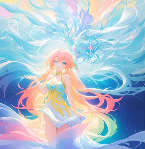 beautiful anime girl in colorful liquid dress, vibrant pastel colors, (colorful), magical lights, long flowing colorful hair, sparkling lines of light, inspired by Glen Keane, inspired by Lois van Baarle, disney art style, by Lois van Baarle, glowing aura ...