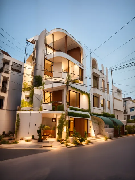 (Townhouse in city ,close houses and trees), daylight ( best quality) ((high solution)) ,(( photo realistic)) ,warm light, (sharp focus) front view of townhouse in style of modern,small house, Narrow area,VietNam,facade, curved arch,beautiful facade,curved...