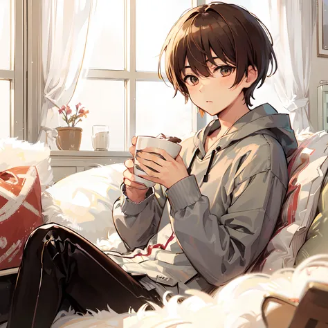 Japanese anime, beautiful young men, brown hair, bowl cuts, mornings, drinking cocoa on fluffy couches, cute loungewear, windows,high quality, amount of drawing, pixiv illustration