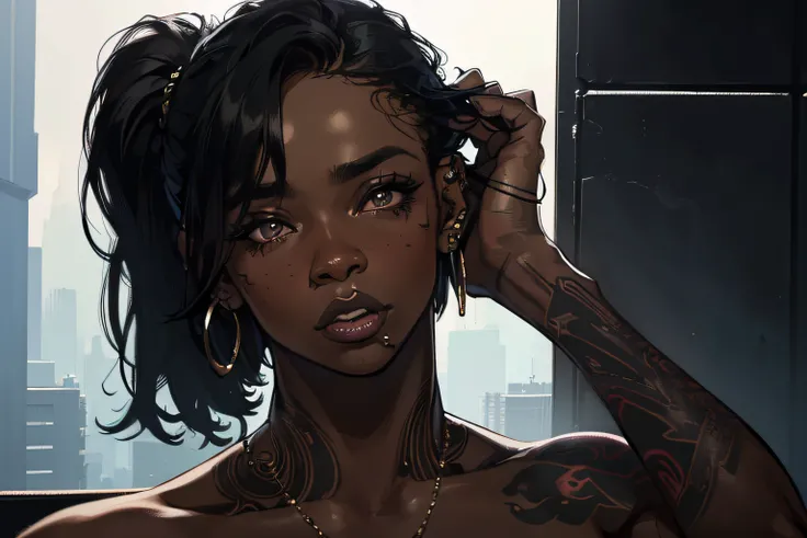 (best quality,4k,8k,alto,master part:1.2),ultra-detalhado,(Realistic,fotorrealista,photo-realistic:1.37),mulher negra ahegao, cabelo pixie, tatuagens cyberpunk, piercings, corpo inteiro, pornographic poses