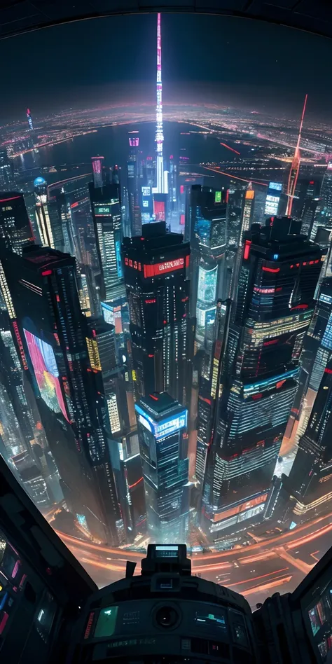 top-quality))、((​masterpiece)、Cyberpunk City、Depiction seen from the sky