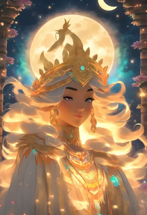 (((MAMA QUILLA))) best quality, ultra-high resolution, 4K detailed CG, masterpiece, Moon Goddess, Moon adornment, moonlight, Andes, Peruvian clothing, Inca mythology, Peruvian, aesthetics, (( Moon crown)), Beautiful image, centered on the screen