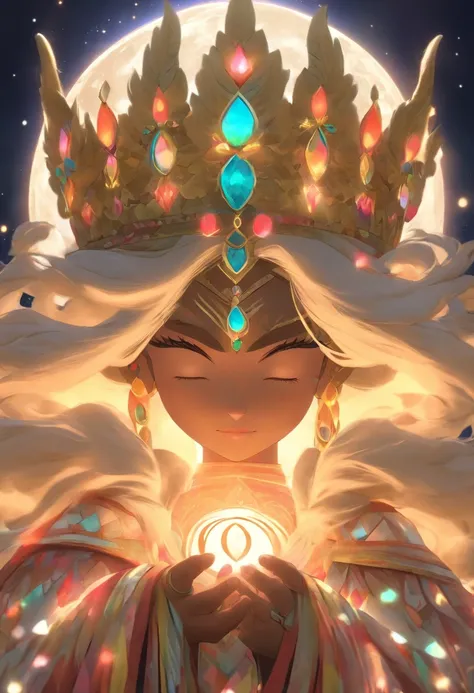 (((MAMA QUILLA))) best quality, ultra-high resolution, 4K detailed CG, masterpiece, Moon Goddess, Moon adornment, moonlight, Andes, Peruvian clothing, Inca mythology, Peruvian, aesthetics, (( Moon crown)), Beautiful image, centered on the screen