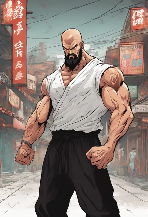 White Male Bodybuilder, with short black beard, Very large Muscular, Bald, Tattoos, Black Gym Shirt, Black Shorts, white High Top Shoes, Wing Chun Kung Fu Fighting, Io Man Kung Fu, in old Japanese Town with many buildings, Evening Time,