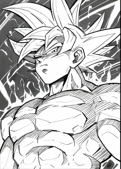 A drawing of a young Gohan with a very large head, striking manga artstyle, Super Saiyajin Goku, Super Saiyajin, indo super saiyajin, Retrato de Goku, Super Sayian Goku, super saiyajin azul, kentaro miura manga art style, Retrato de Goku, Retrato altamente...