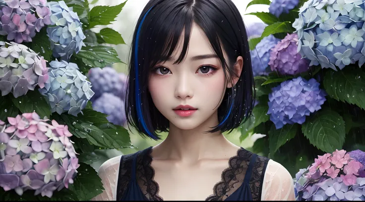 ((solo)) young girl with asymmetrical short black hair with blue and pink highlights, under rain, ((hydrangea)), dripping wet, sparkling eyes, masterpiece, lace blouse