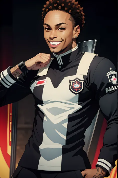 black young man, negro, neymar hairstyle, uniforme demon slayer, sword, lindo, strong, stylish pose, lindo, happy, smile