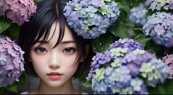 ((solo)) young girl with asymmetrical short black hair with blue highlights, under rain, ((hydrangea)), dripping wet, sparkling eyes, masterpiece, lace blouse, water droplets