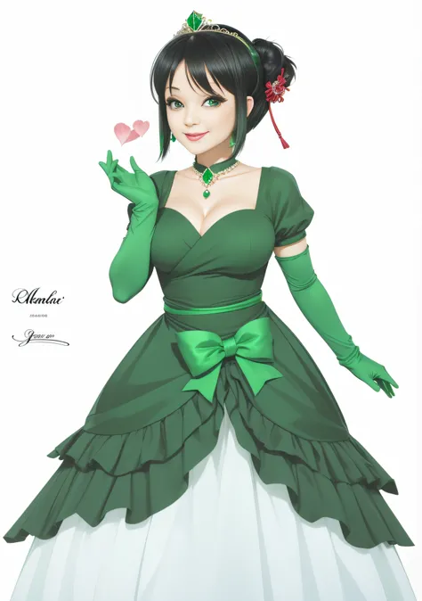 emerald tiara, Green Pearl Necklace, Boyish very short black hair, lipsticks, Japan woman smiling, very short short hair,  big breasts beautiful, Green eyes, Long green gloves made of satin material, Green eyes, Emerald Earrings