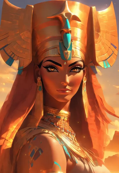 (((Hathor))) best quality, ultra-high resolution, 4K detailed CG, master piece, Hathor, woman, adornment, Sky Goddess, Egyptian clothing, EGYPTIAN mythology, desert, aesthetic, ((Horned adornment)), Beautiful image, centered on the screen