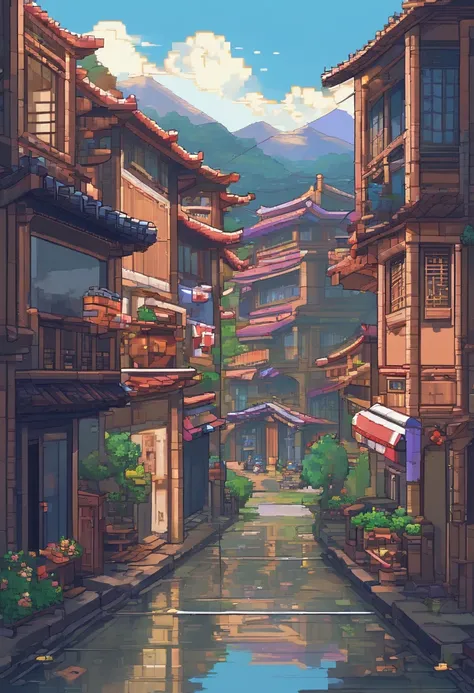 Modern, SPEEDLINE, vanishing point, nffsw, masutepiece, high details,The bustling city has Chinese-style alleys，Wires are scattered between the houses on both sides，Stone bricks of various sizes are paved on the road，The sides are lined with greenery。It ju...