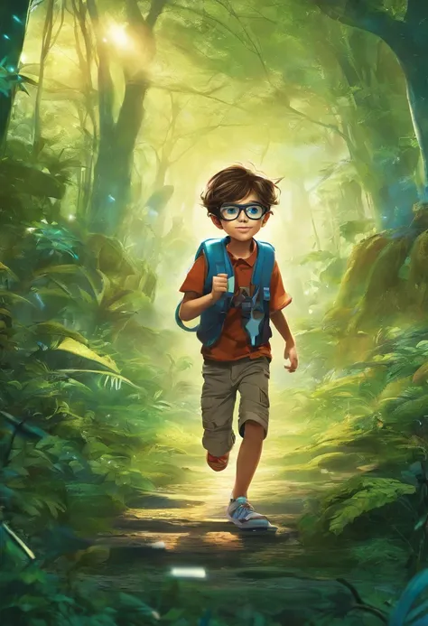 an 8 year old boy, straight hair, with glasses, running through the forest, looking for treasure, style disney