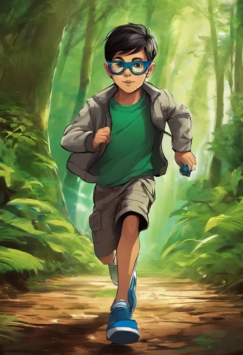 an 8 year old boy, straight hair, with glasses, running through the forest, looking for treasure, style disney