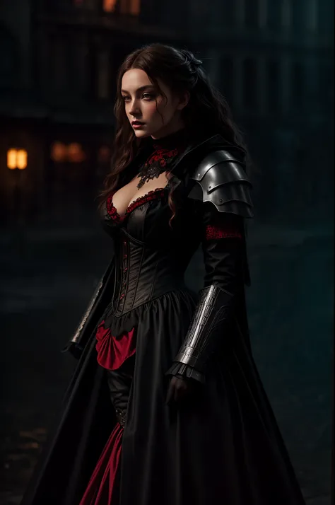 Halloween Set: 12th centuryhalf Danielle Rose Russell Victorian in the style of greg rutkowski and Guweiz and Yoji Shinkawa, Badass, intricate black and red Blood Victorian armor, cinematic lighting, dark rainy city, depth of field, lumen reflections, phot...