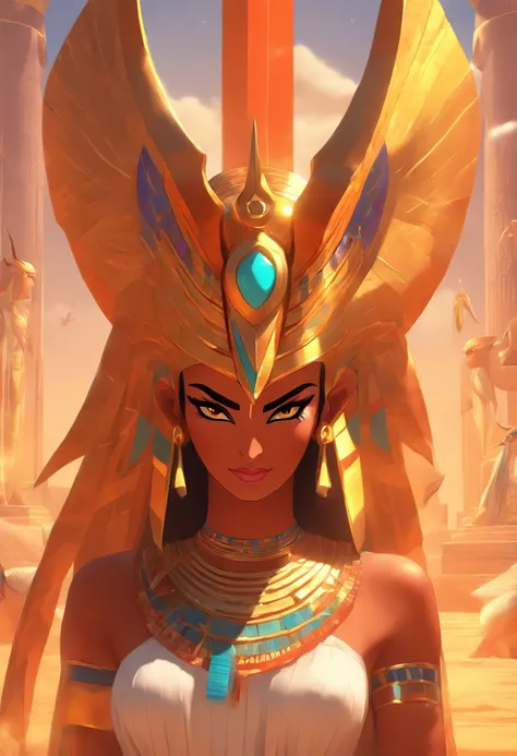 (((Hathor))) best quality, ultra-high resolution, 4K detailed CG, master piece, Hathor, woman, horns, Sky Goddess, Egyptian clothing, EGYPTIAN mythology, desert, aesthetics, ((Horned adornment)), Beautiful image, centered on the screen