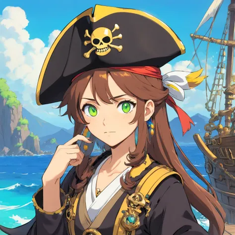 mutant pirate, PFP, pirate hat, background with the sea, vibrant colors, golden accessories, brilliant eyes (blue, brown, black, green, neon), body and face colors (black, white, yellow, brown, gold), tattoos.