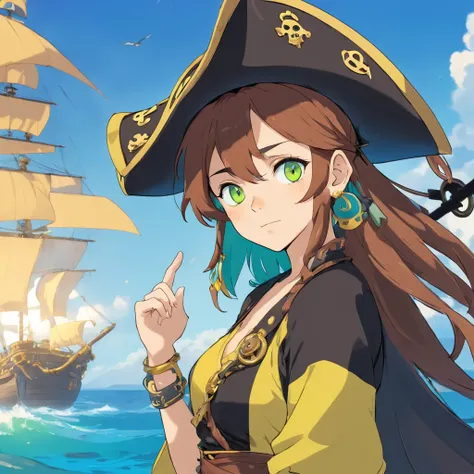 mutant pirate, PFP, pirate hat, background with the sea, vibrant colors, golden accessories, brilliant eyes (blue, brown, black, green, neon), body and face colors (black, white, yellow, brown, gold), tattoos.