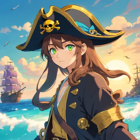 mutant pirate, PFP, pirate hat, background with the sea, vibrant colors, golden accessories, brilliant eyes (blue, brown, black, green, neon), body and face colors (black, white, yellow, brown, gold), tattoos.