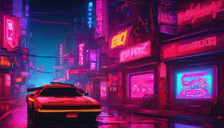 Cyberpunk alley at night, darksynth aesthetic, red neons, haze, foggy night.