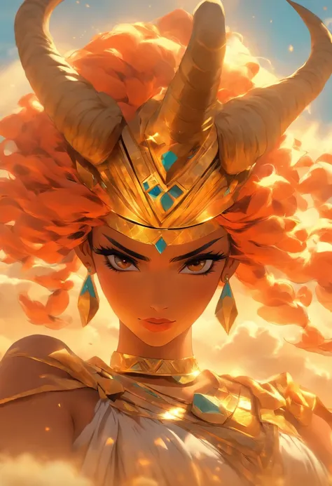 (((Crown with horns))) best quality, ultra-high resolution, 4K detailed CG, master piece, Hathor, woman , horns, Sky Goddess, Egyptian clothing, EGYPTIAN mythology, desert, aesthetics, ((horns)), Beautiful image, centered on the screen