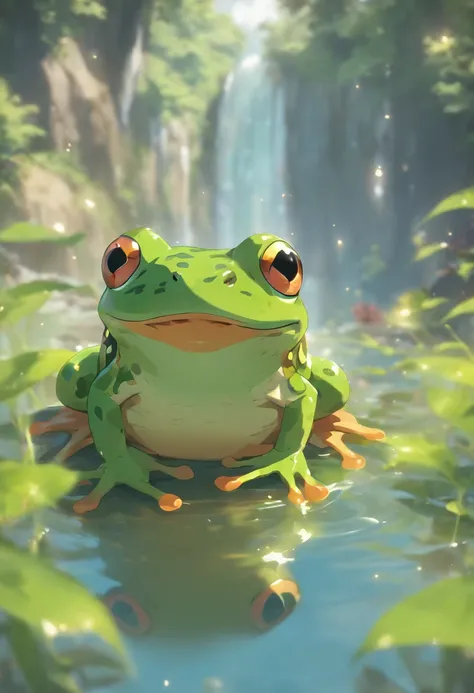 (((Animals))) best quality, very high resolution, 4K detailed CG, masterpiece, Inflated frog, Mountains, Forest, aesthetics, ((FROG,WATER)), Beautiful image, centered on screen