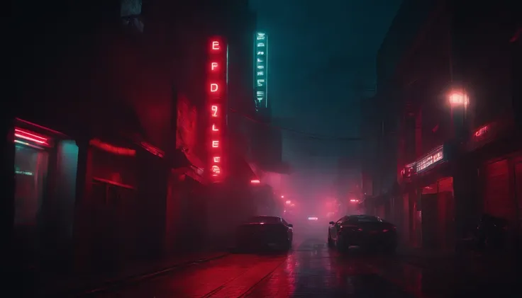 Cyberpunk alley at night, darksynth aesthetic, red neons, haze, foggy night, ultra detailed, photorealistic.