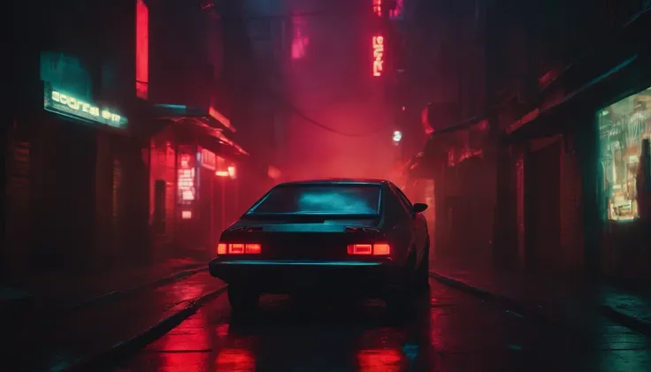 Cyberpunk alley at night, darksynth aesthetic, red neons, haze, foggy night, ultra detailed, photorealistic.