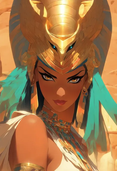 (((Hathor))) best quality, ultra-high resolution, 4K detailed CG, master piece, woman, with horns, Egyptian clothing, EGYPTIAN mythology, desert, horn, aesthetics, ((horns)), horn, Beautiful image