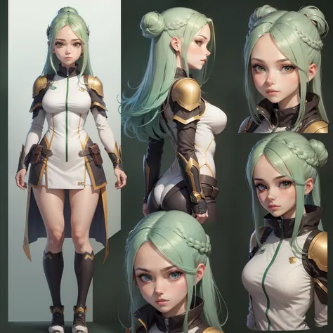 1girl, cabelo liso, cabelo verde, olhos azuis, sorrir, character graphics, refer ence sheet, Three-sided view, anime, anatomicamente correto, detalhes elevados, alta qualidade